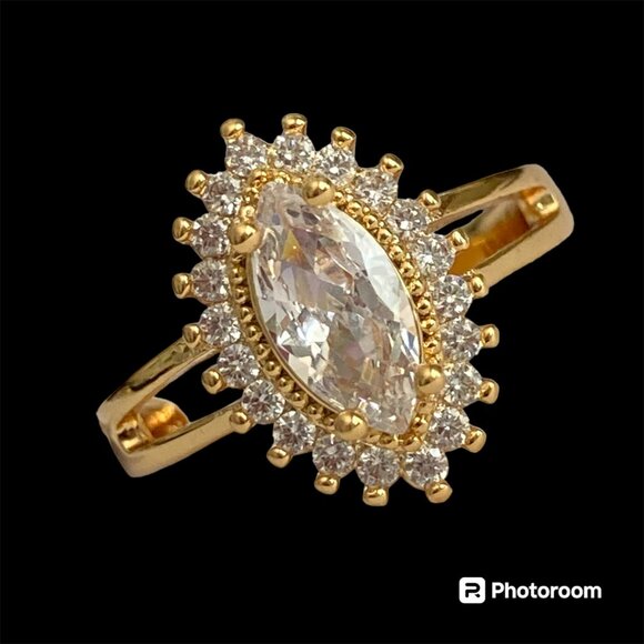 Marquise Cut Cubic Zirconia Halo Cocktail Ring Yellow Gold Plated Size 7 8 9 - Picture 1 of 12